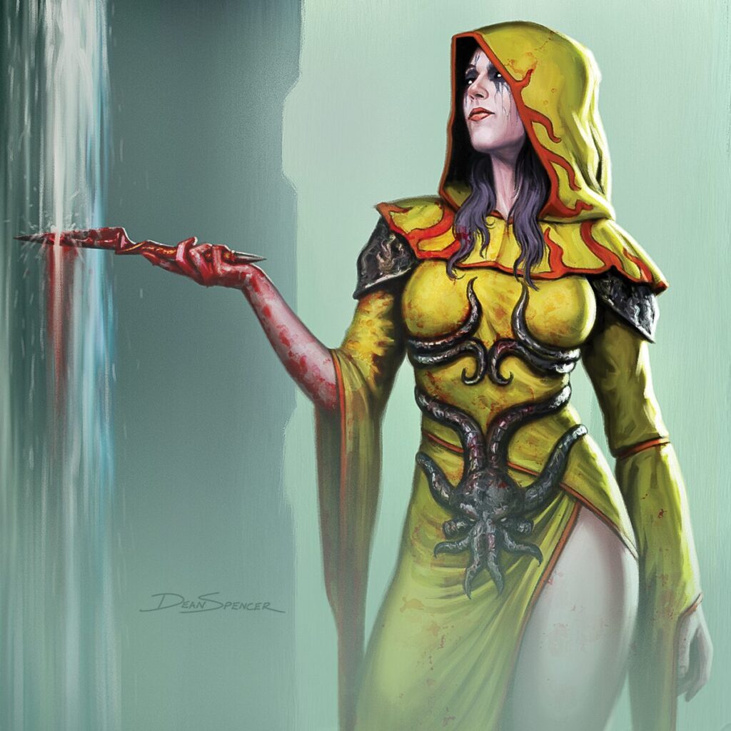 A woman in a yellow robe washed a bloody knife in a waterfall.