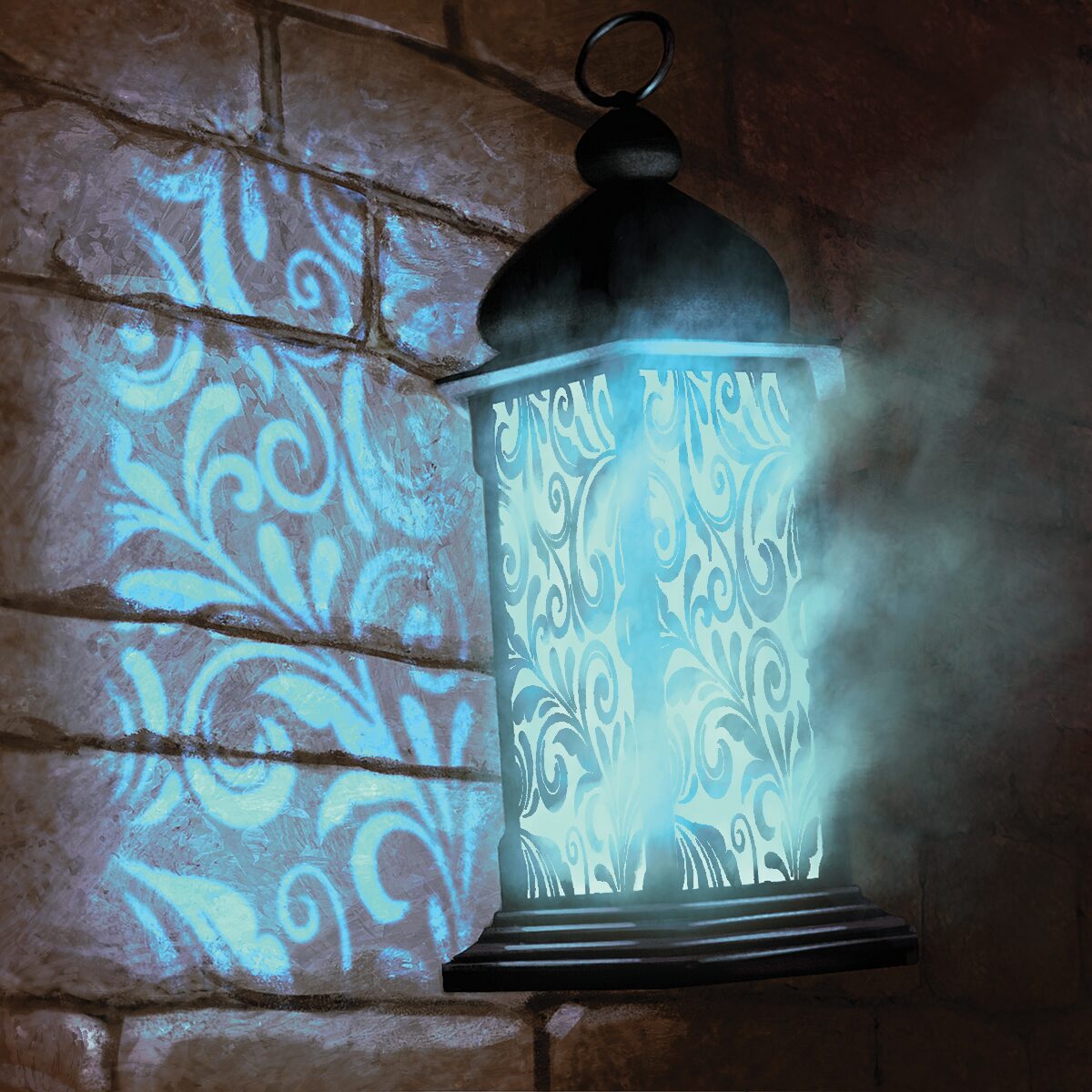 A lantern with arcane images glows brightly, casting those images on a brick wall.