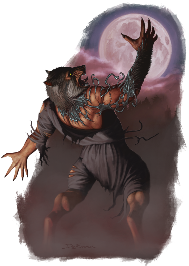 A werewolf is covered in silver liquid metal while baying at the moon.