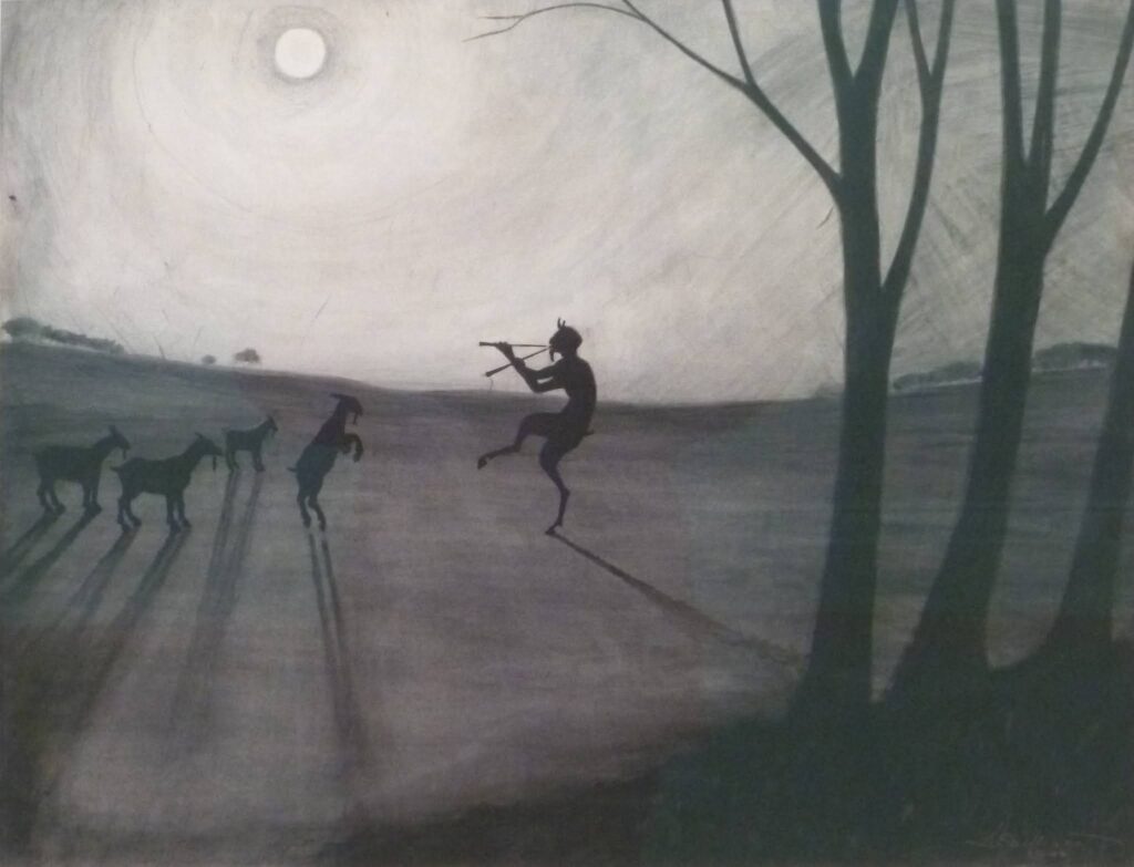 Dark artwork showing a faun play the flute for goats starting to dance.