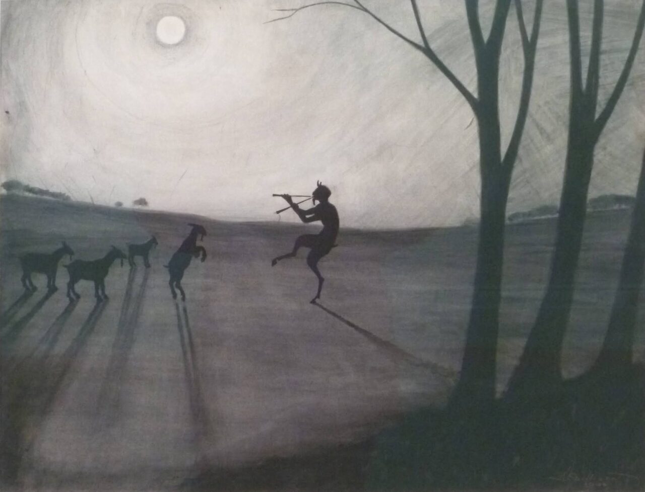 Dark artwork showing a faun play the flute for goats starting to dance.