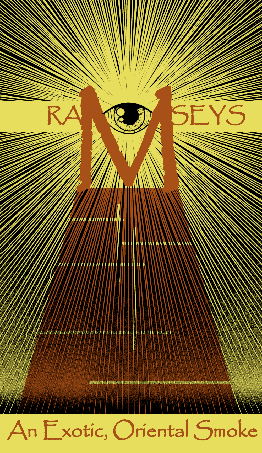 A shining eye with the word "Ramseys" at the top above a pyramid and the phrase "An Exotic, Oriental Smoke" underneath
