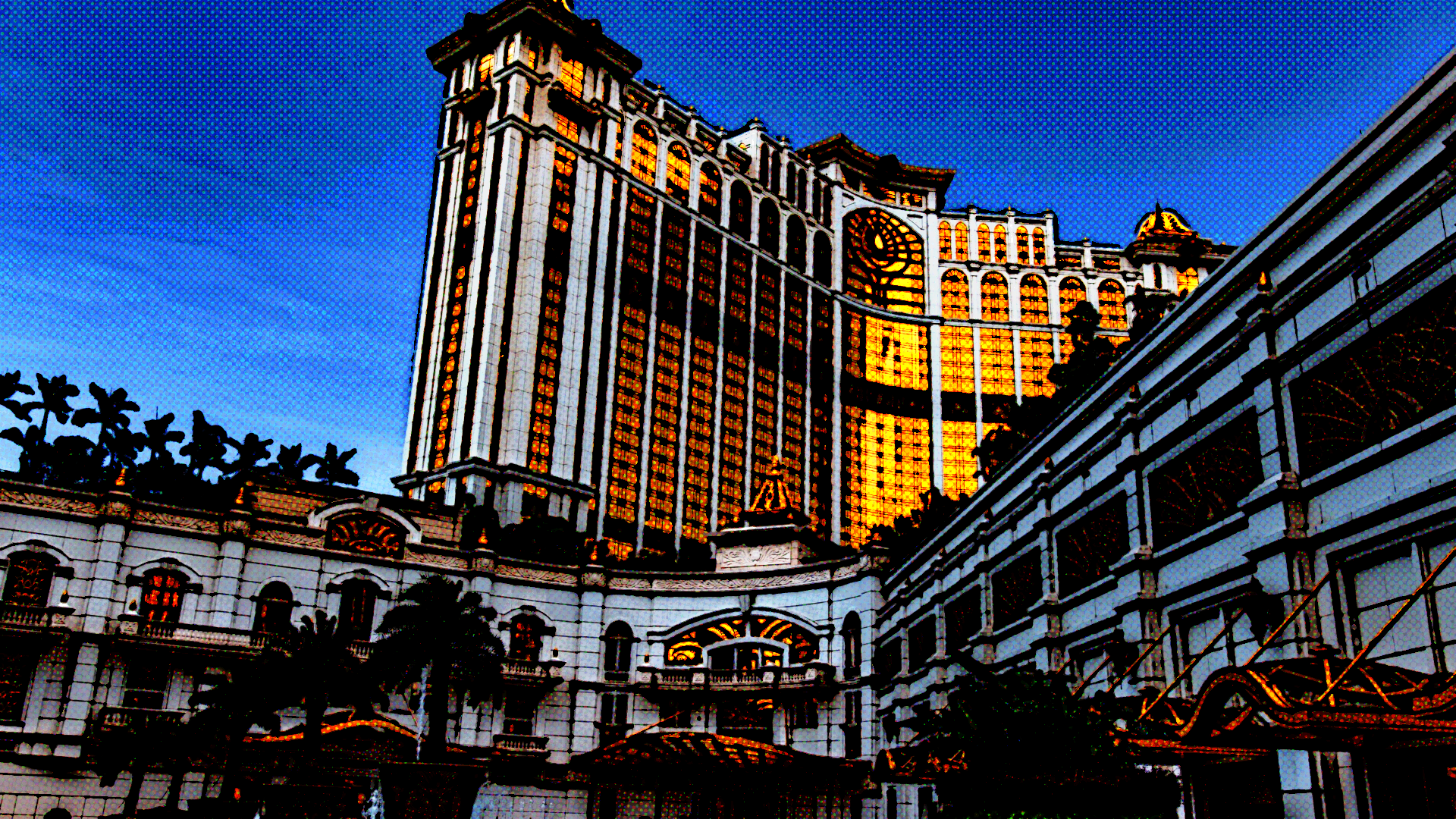 An opulent casino in front of a darkening blue sky